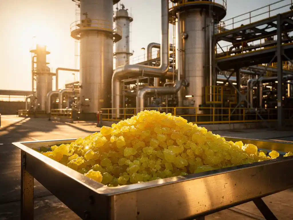 sulfur-recovery-unit-refinery-industrial.jpg Bright yellow sulfur granules in a steel tray at an industrial refinery, with cylindrical reactor vessels and piping in the background.