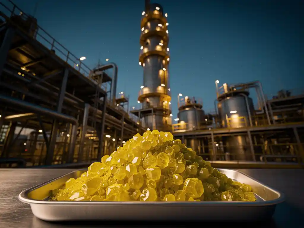 Sulfur yellow crystalline powder in a metal tray before a towering industrial refinery against a steel-blue dusk sky.
