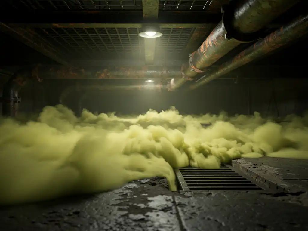 toxic-gas-confined-space-hazard.jpg Yellowish-green toxic gas cloud pooling at floor level in a dark industrial confined space near a drainage sump, with corroded pipes overhead.