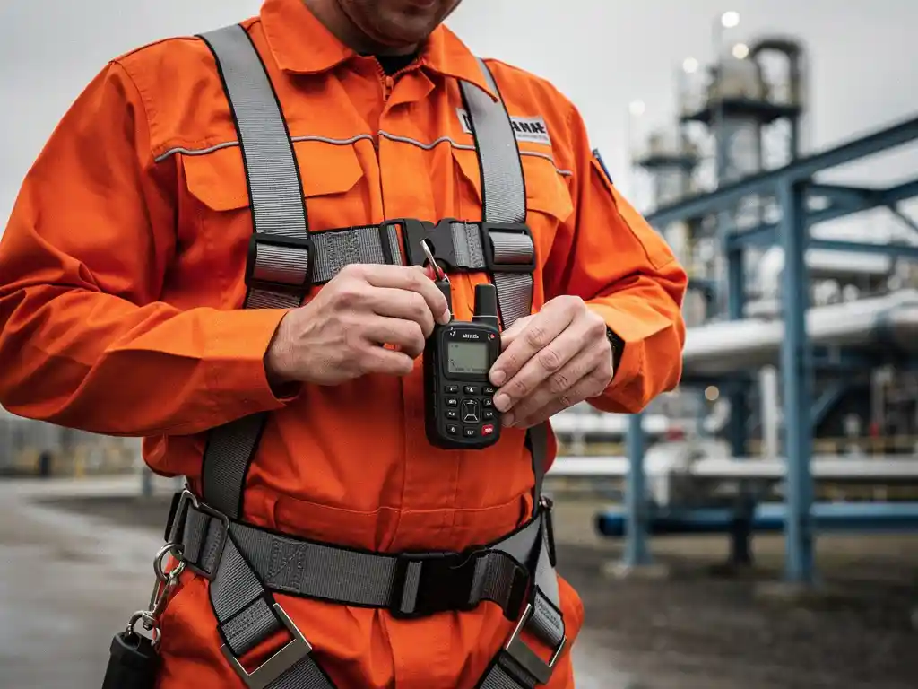 Worker in flame-resistant coverall clipping a personal gas detector to chest strap at an oil and gas processing site.